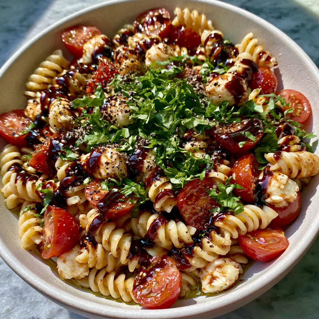 Close up of the mozzarella pearls and basil chiffonade in a caprese pasta salad.
