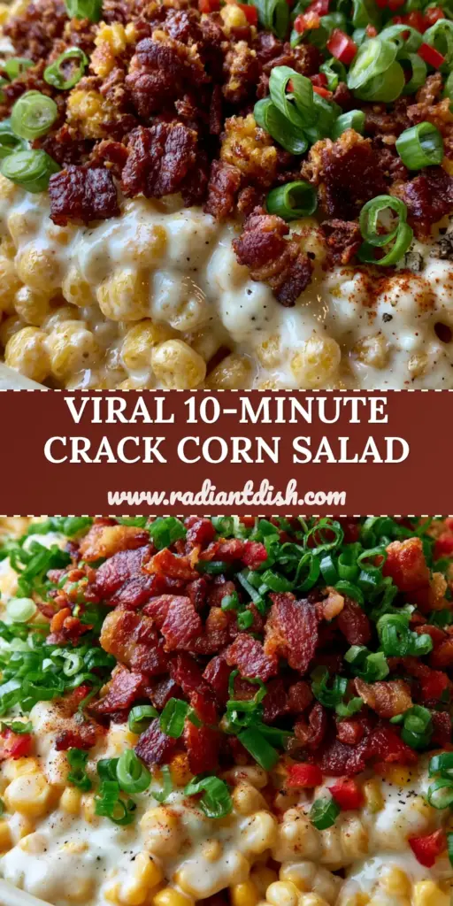A shallow rustic bowl filled with Crack Corn Salad topped with mahogany crispy bacon and green onions.