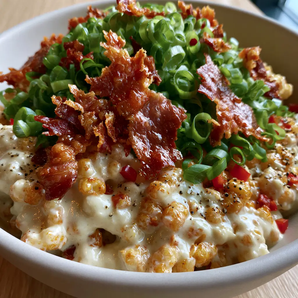 Extreme close-up of Crack Corn Salad showing the velvety white cream dressing and plump yellow corn kernels. (Crack Corn Salad)