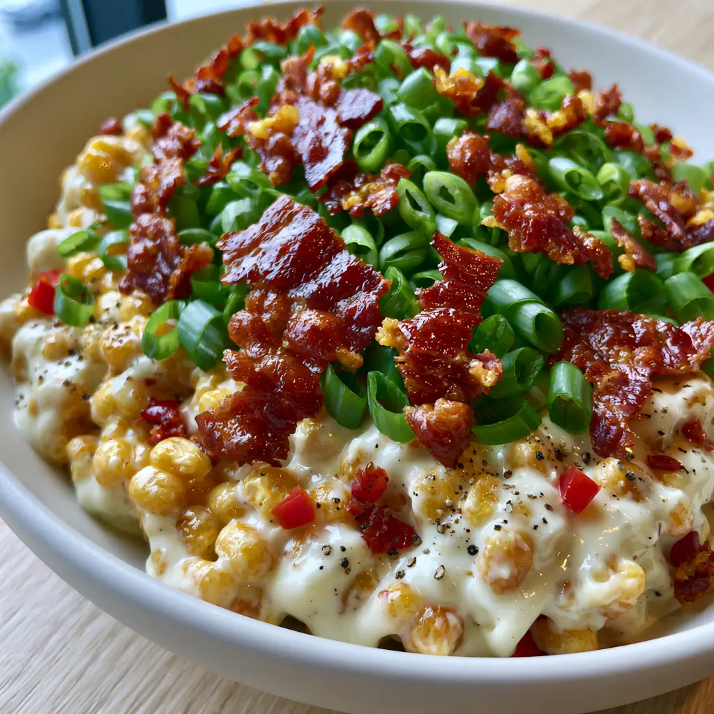 Side view of Crack Corn Salad topped with a forest of green scallions and jagged smoked bacon shards. (Crack Corn Salad)