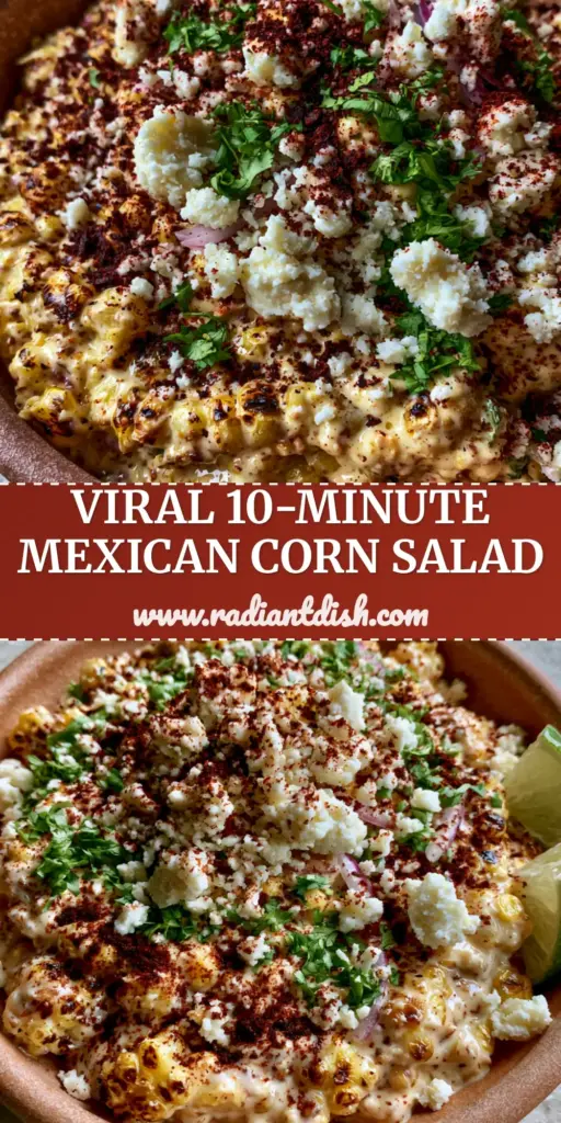 A vibrant Mexican Street Corn Salad in a terracotta bowl with charred corn kernels, white cotija cheese crumbles, and red ancho chili powder. (Corn Salad)