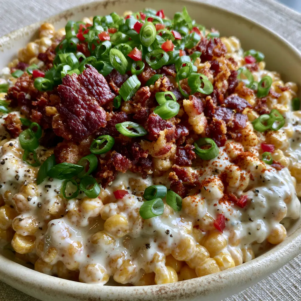 Close up of mahogany crispy bacon crumbles on top of a creamy crack corn salad.
