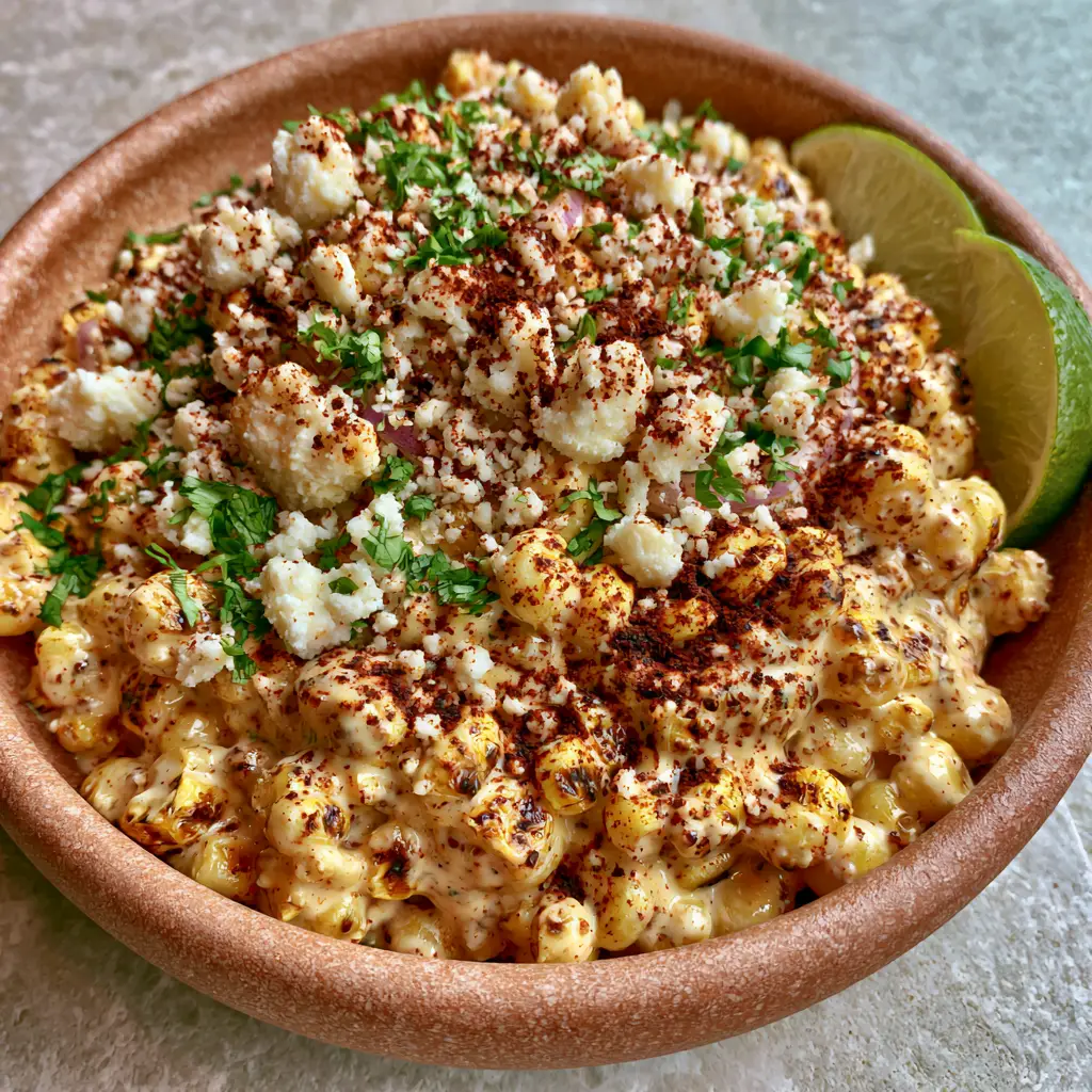 Side view of Mexican Corn Salad with toasted brown spots on the corn kernels and a dusting of dark red ancho chili powder.