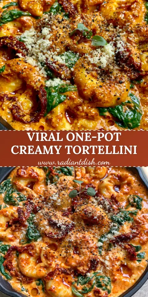 A close-up vertical shot of creamy spinach tomato tortellini in a cast iron skillet with vibrant orange sauce and micro-basil.