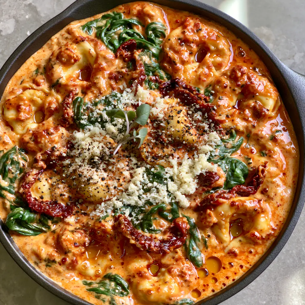 Detailed shot of plump cheese tortellini coated in tomato cream sauce with wilted spinach and sun-dried tomatoes.