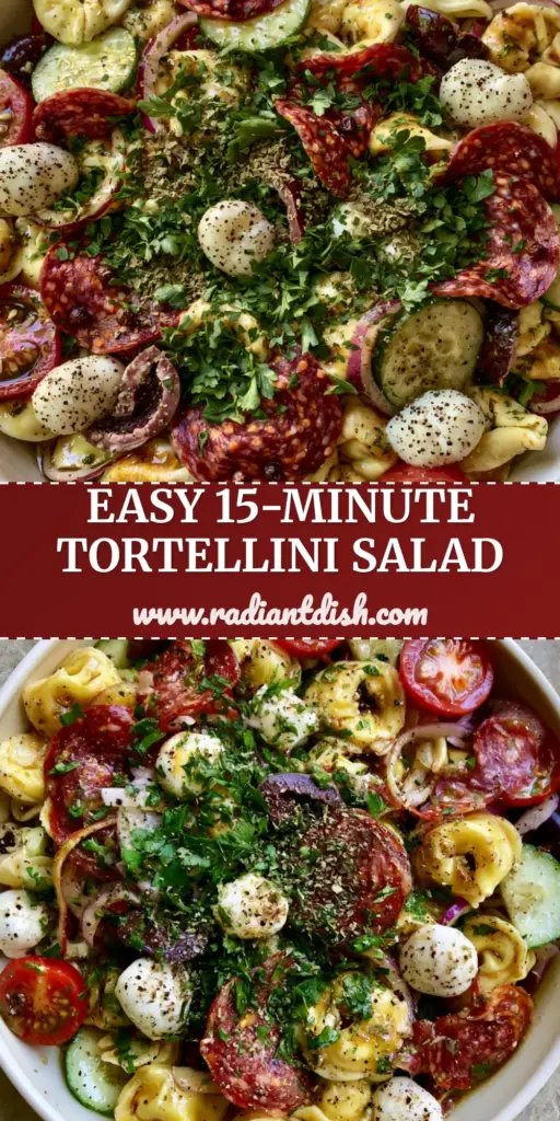 A top-down view of a vibrant tortellini pasta salad in a white bowl featuring salami, tomatoes, and mozzarella pearls.