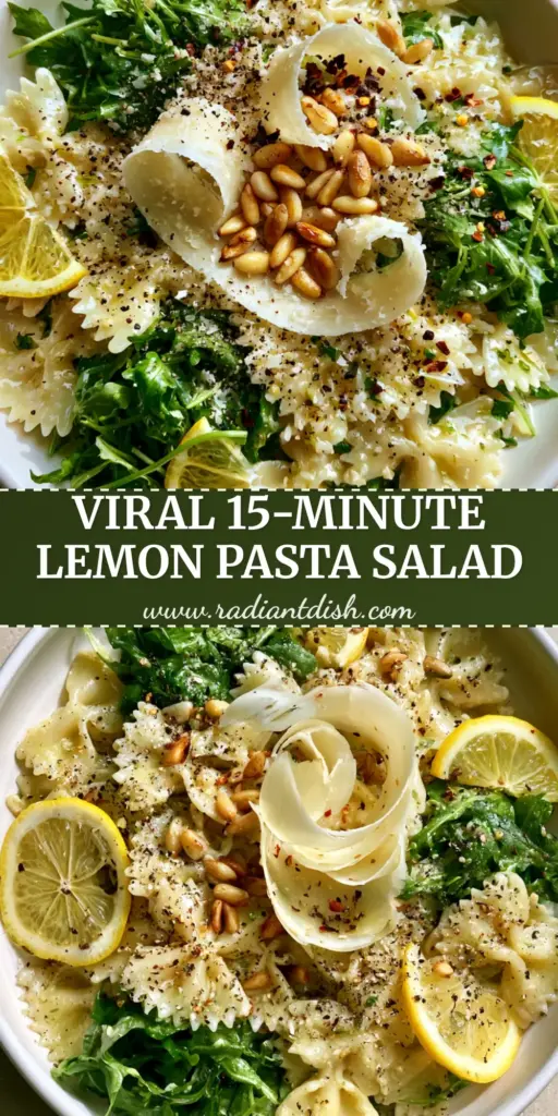 Overhead view of lemon arugula pasta salad in a matte white bowl with farfalle and parmesan ribbons.