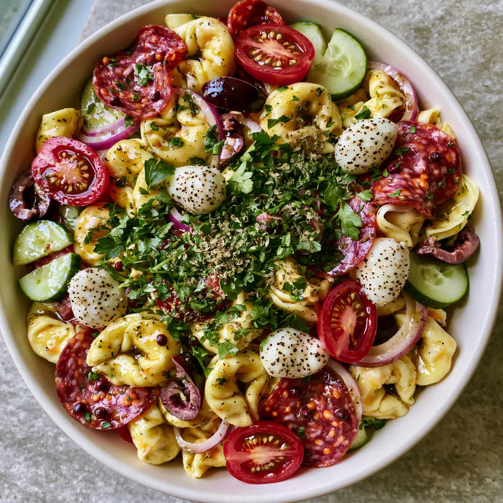 Close up of al dente cheese tortellini pasta salad with glossy dressing and fresh herbs.