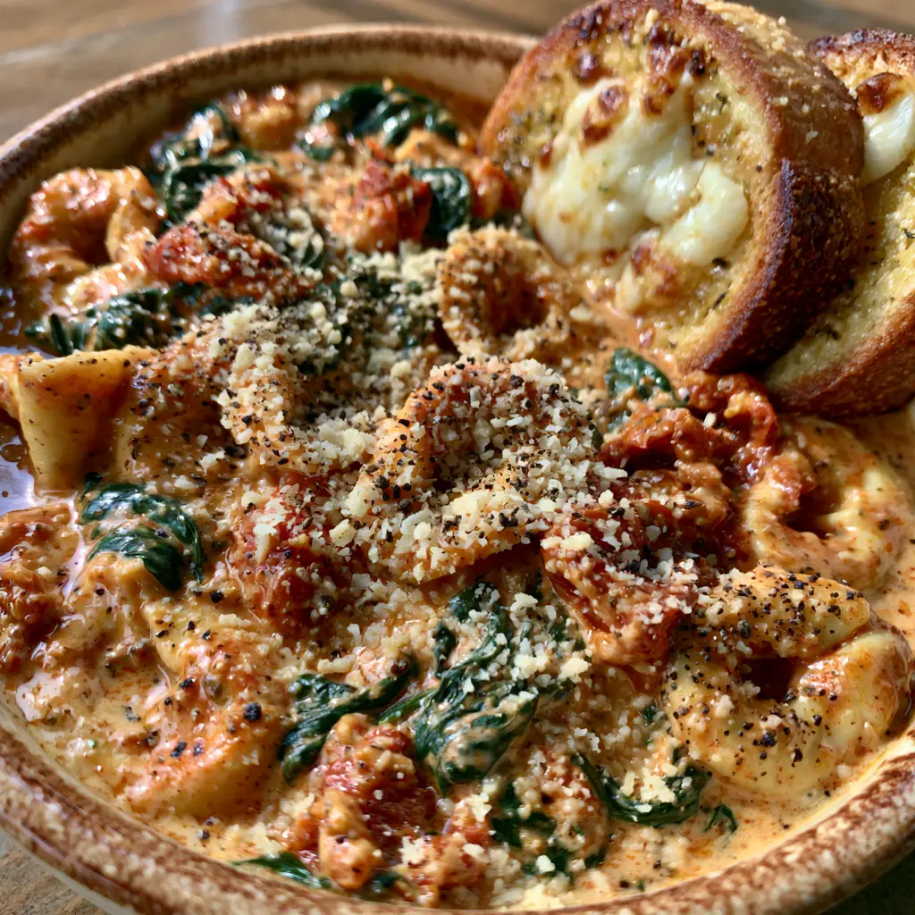 Creamy Spinach Tomato Tortellini showing chunks of fire-roasted tomatoes and melted mozzarella garlic bread slices.