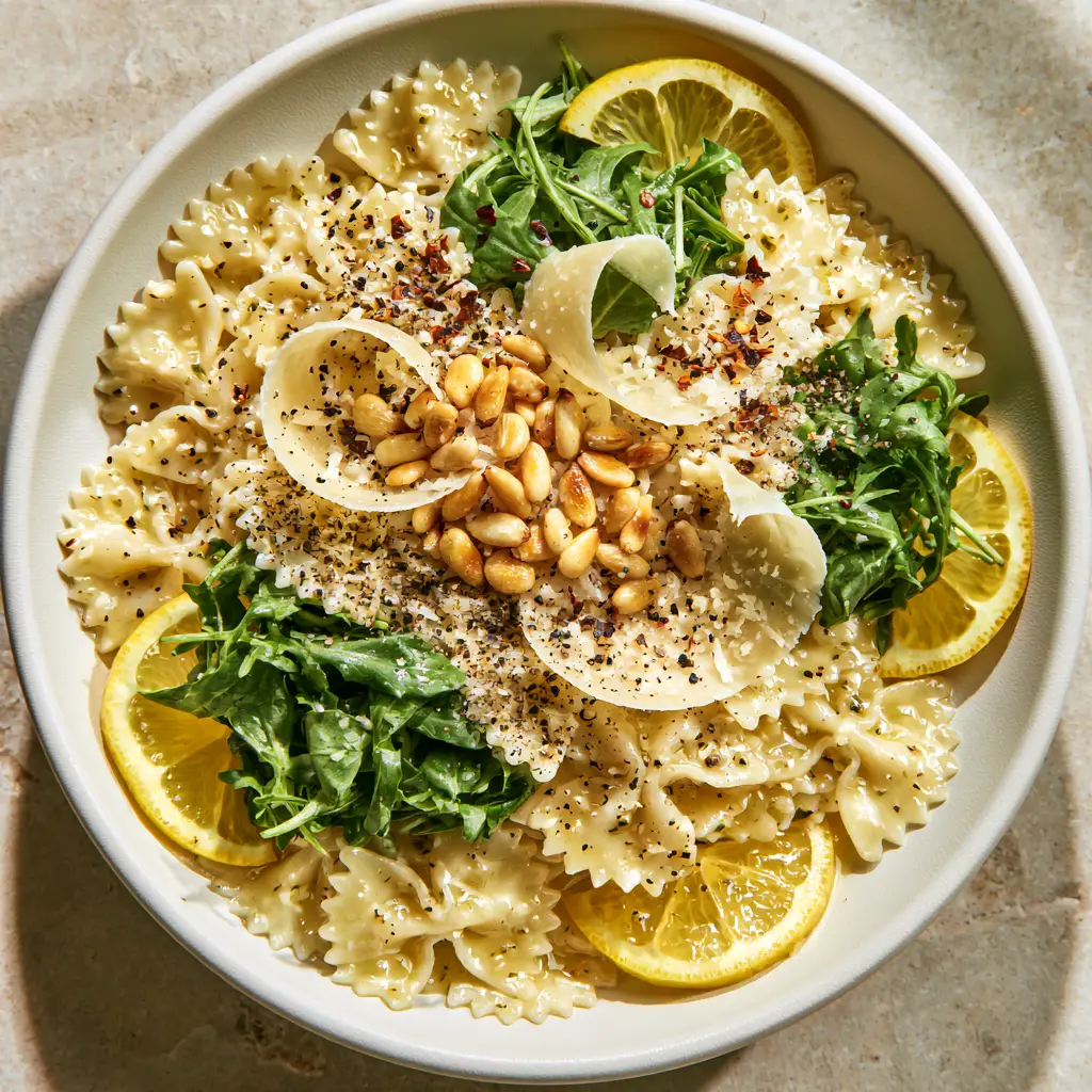 Close-up of lemon arugula pasta salad showing glossy farfalle, fresh arugula, and toasted pine nuts.
