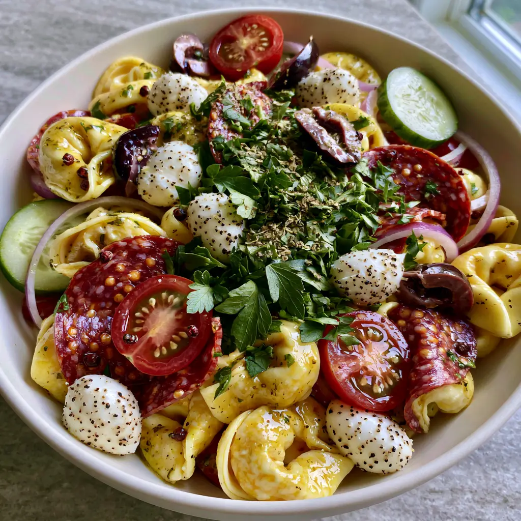 A large bowl of tortellini pasta salad with thick-cut salami and mozzarella pearls.