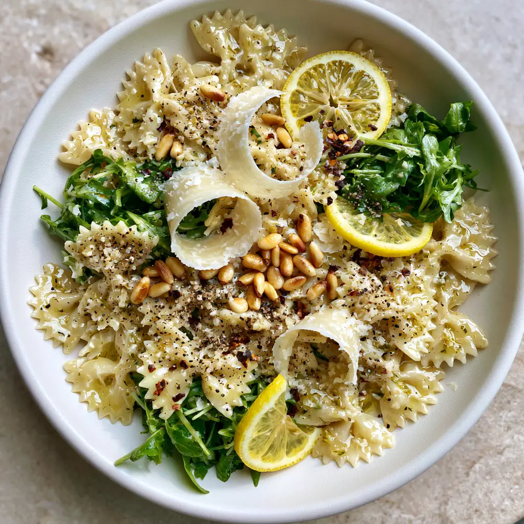 A high-angle photo of Lemon Arugula Pasta Salad in a white bowl, showing bowtie pasta, greens, and lemon slices. (Lemon Arugula Pasta Salad)