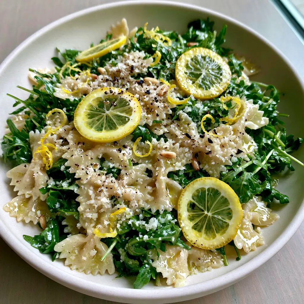 Close-up of al dente bowtie pasta coated in glistening lemon garlic oil with toasted pine nuts. (Lemon Arugula Pasta Salad)