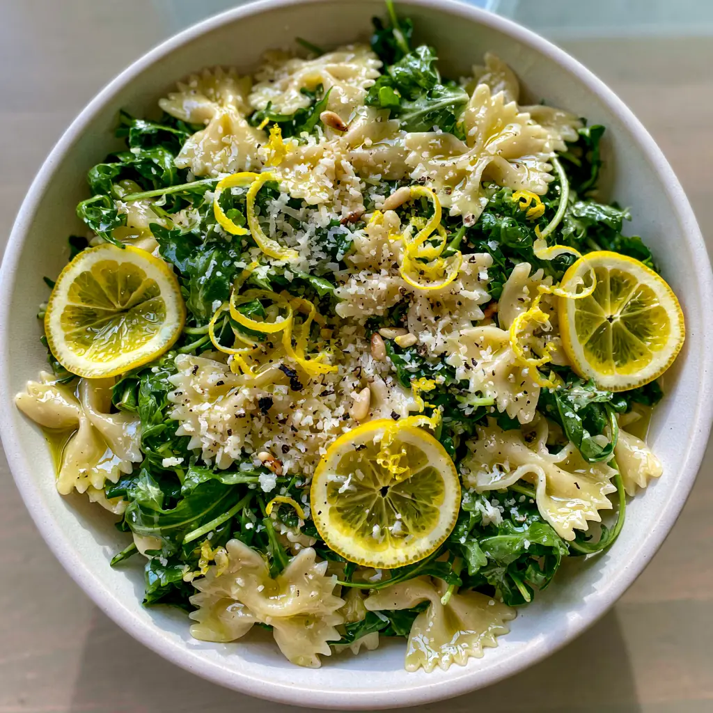 A vibrant Lemon Arugula Pasta Salad bowl featuring crisp baby arugula, lemon half-moons, and shaved parmesan.