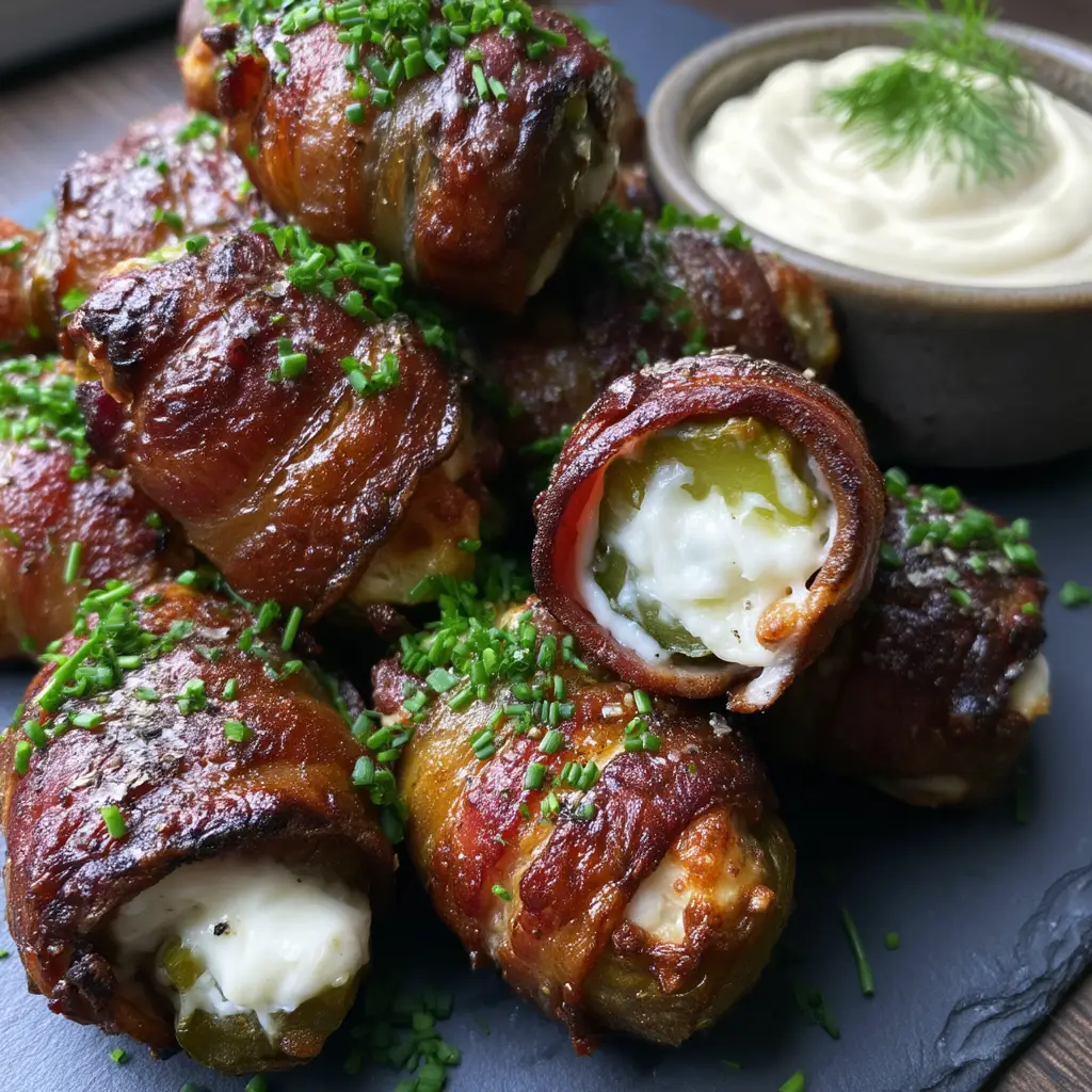 Pickle poppers sliced at an angle to reveal the molten cream cheese and juicy green pickle layers.
