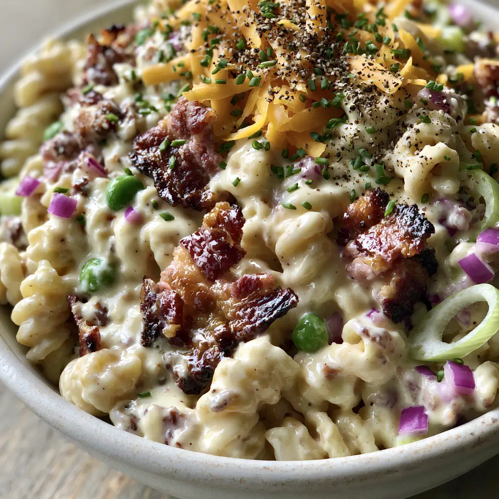 A high-angle view of a white ceramic bowl overflowing with Bacon Pasta Salad, featuring bright emerald peas and purple onions.