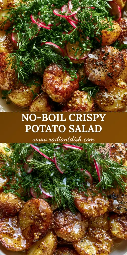 A top-down shot of a Roasted potato salad with crispy Yukon gold potatoes, fresh dill, and radishes in a cream bowl.
