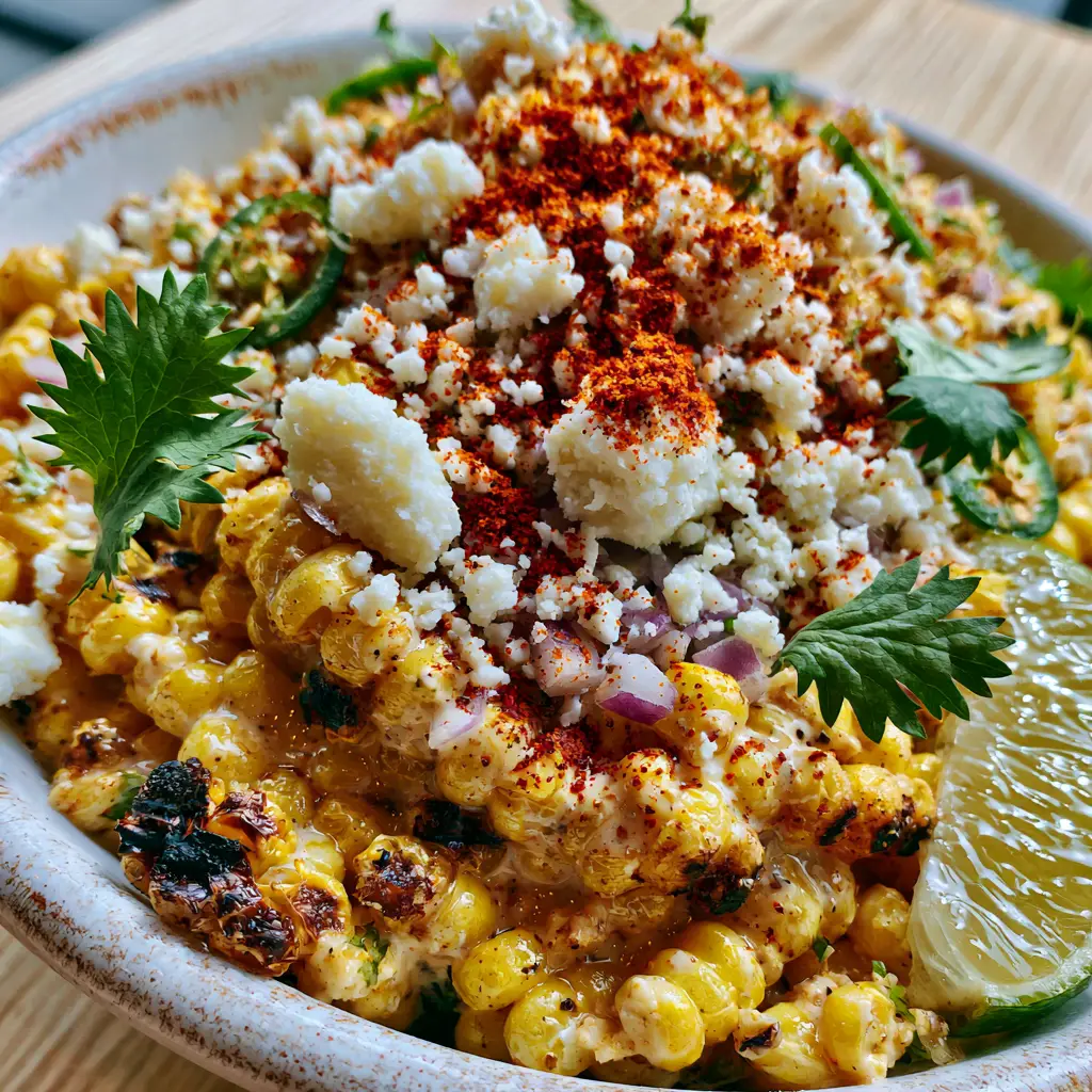 Top-down view of summer corn salad garnished with cotija cheese, red onion, and cilantro.