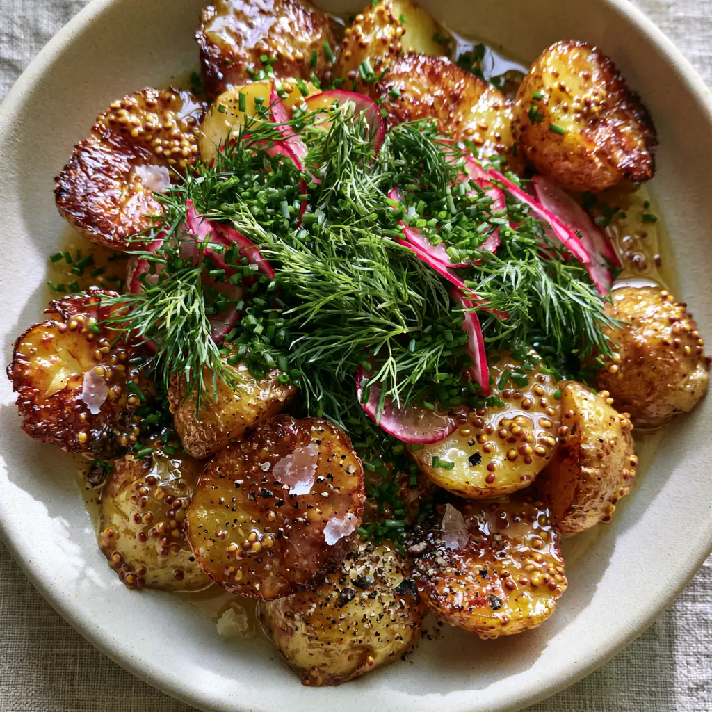 Roasted potato salad garnished with vibrant green dill, chives, and thin red radish slices.