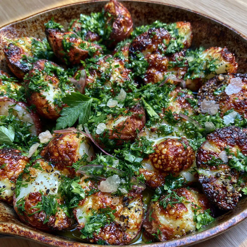 A handheld smartphone photo showing a rustic cast iron skillet filled with crispy roasted red potato halves and fresh greens. (Roasted Potato Salad)