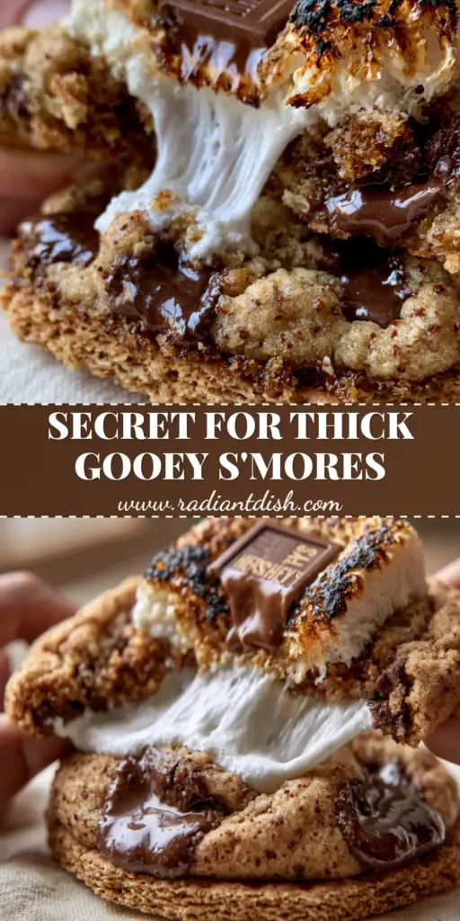 A handheld smartphone photo showing a thick S’mores Cookie being pulled apart, revealing a long, stretchy white marshmallow pull and melted chocolate chunks.
