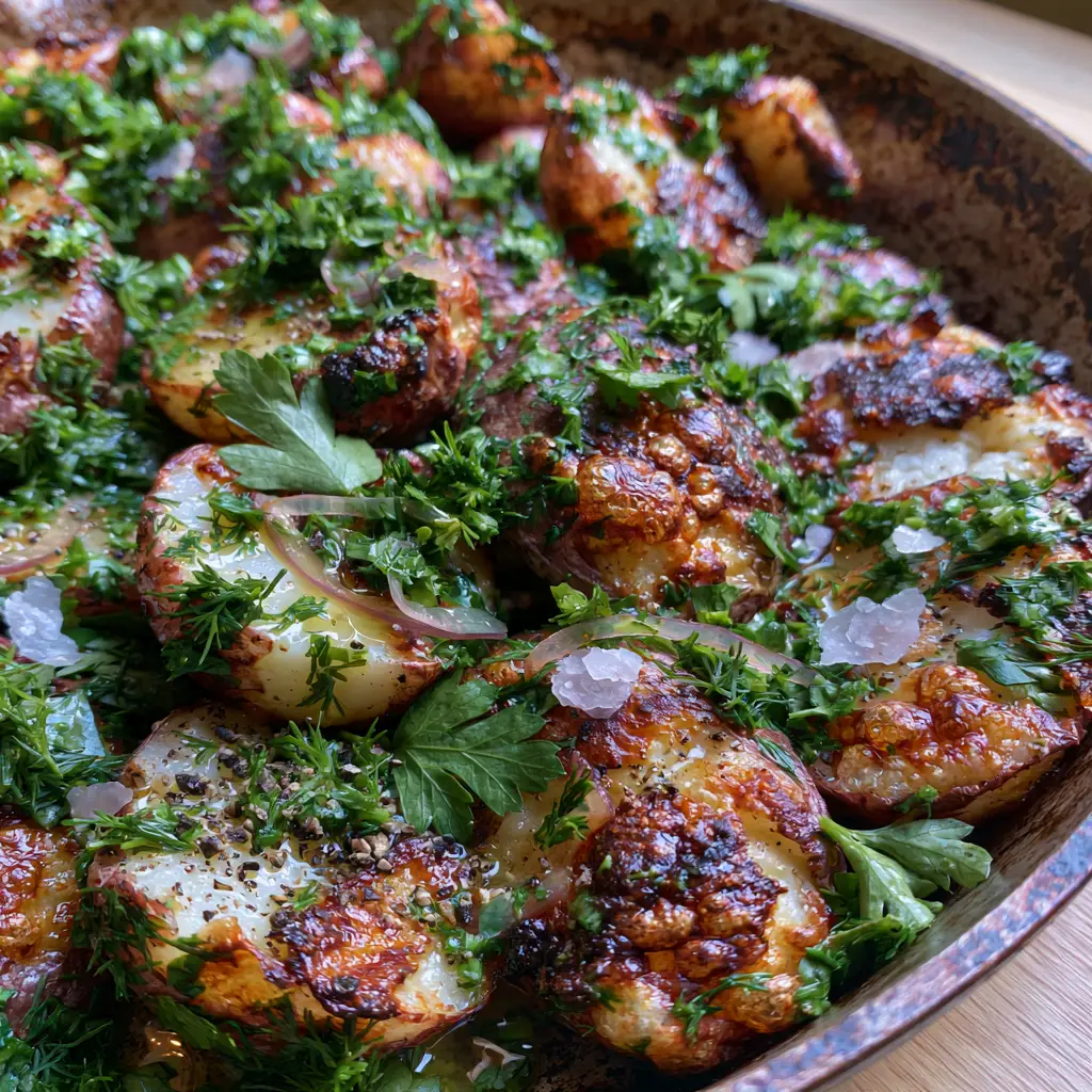 Overhead view of glistening Roasted Potato Salad with thin red onion slivers and lemon zest highlights.