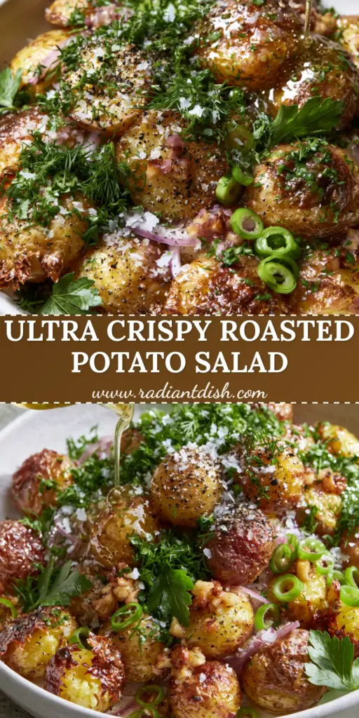 A close-up vertical shot of a roasted potato salad with golden-brown baby potatoes, fresh dill, and slivered red onions in a white bowl.