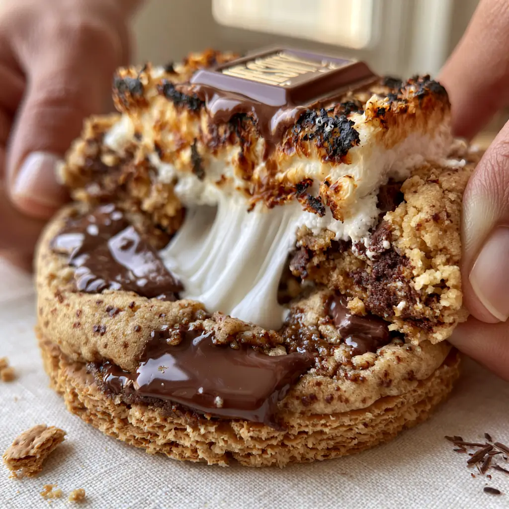 Close-up of a thick brown butter S’mores Cookie with visible chocolate puddles and a charred marshmallow topping.