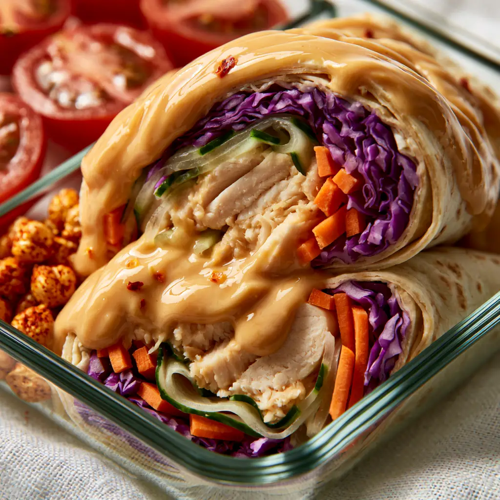 Macro shot of a whole wheat wrap cross-section showing purple cabbage, cucumber ribbons, and chicken drizzled with peanut sauce. (Summer Lunch Meal Prep)