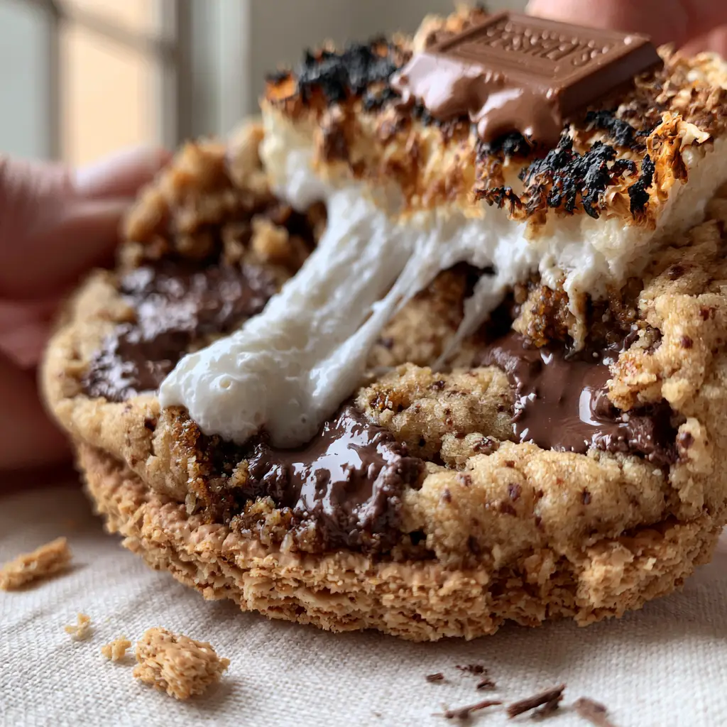 S’mores Cookies featuring a golden graham cracker crumb base and a toasted marshmallow top with a Hershey bar square.