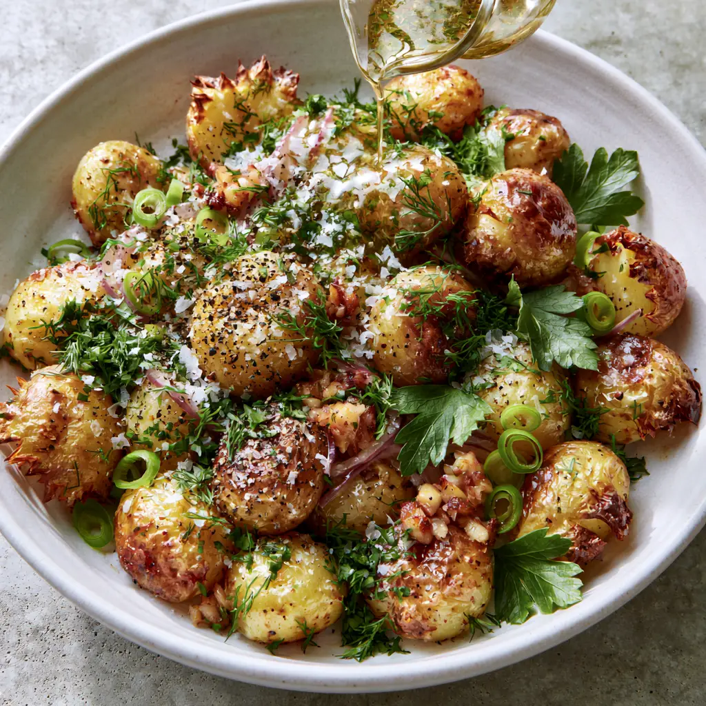 Overhead view of roasted potato salad in a white ceramic bowl showing jagged edges and fresh green herb garnish.