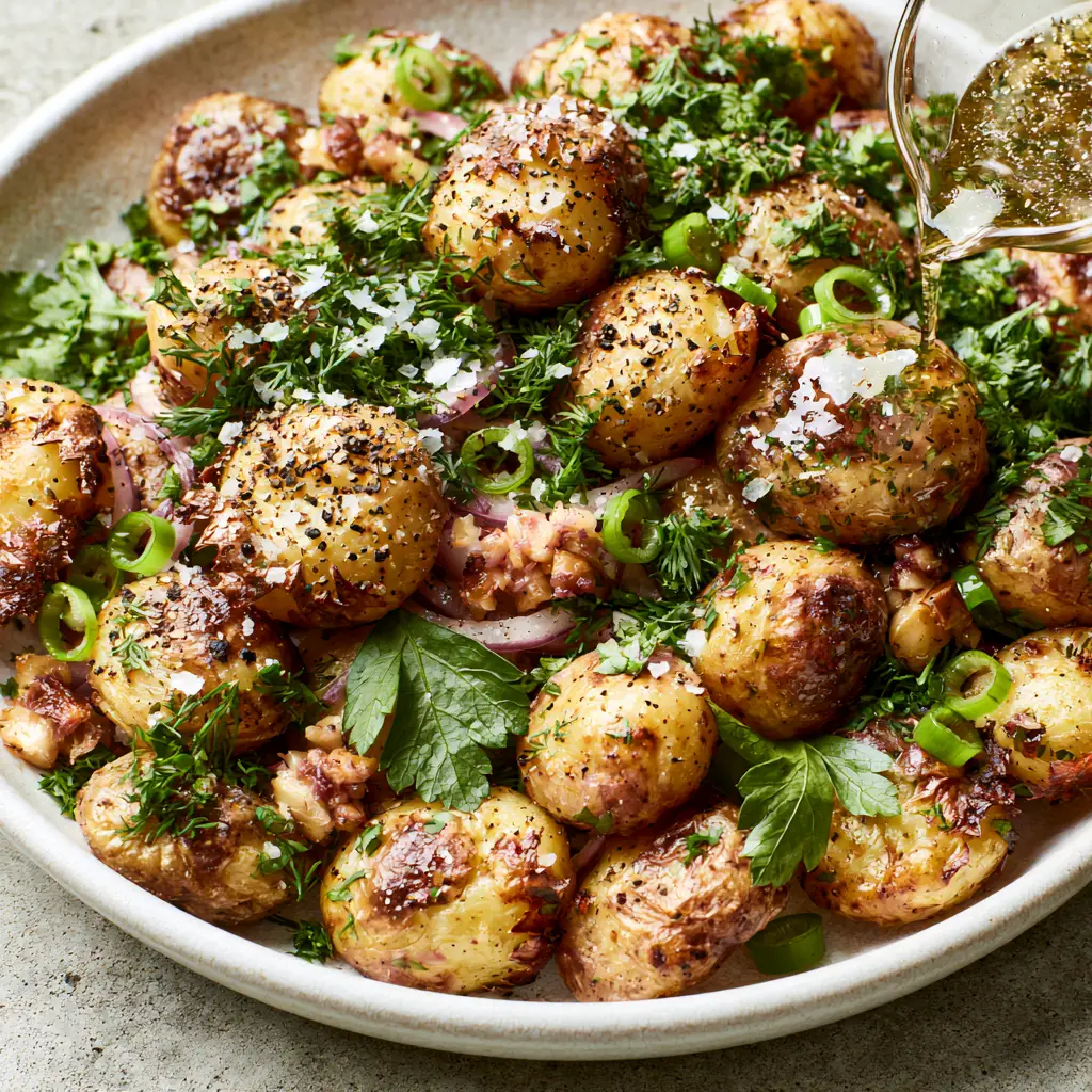 Close-up of herb vinaigrette being drizzled onto roasted potatoes and red onions for a roasted potato salad.