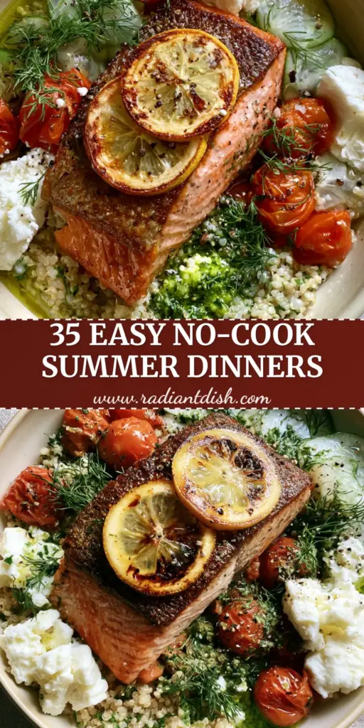 A top-down Pinterest pin showing a Mediterranean salmon bowl with quinoa and blistered tomatoes. (summer dinner recipes)