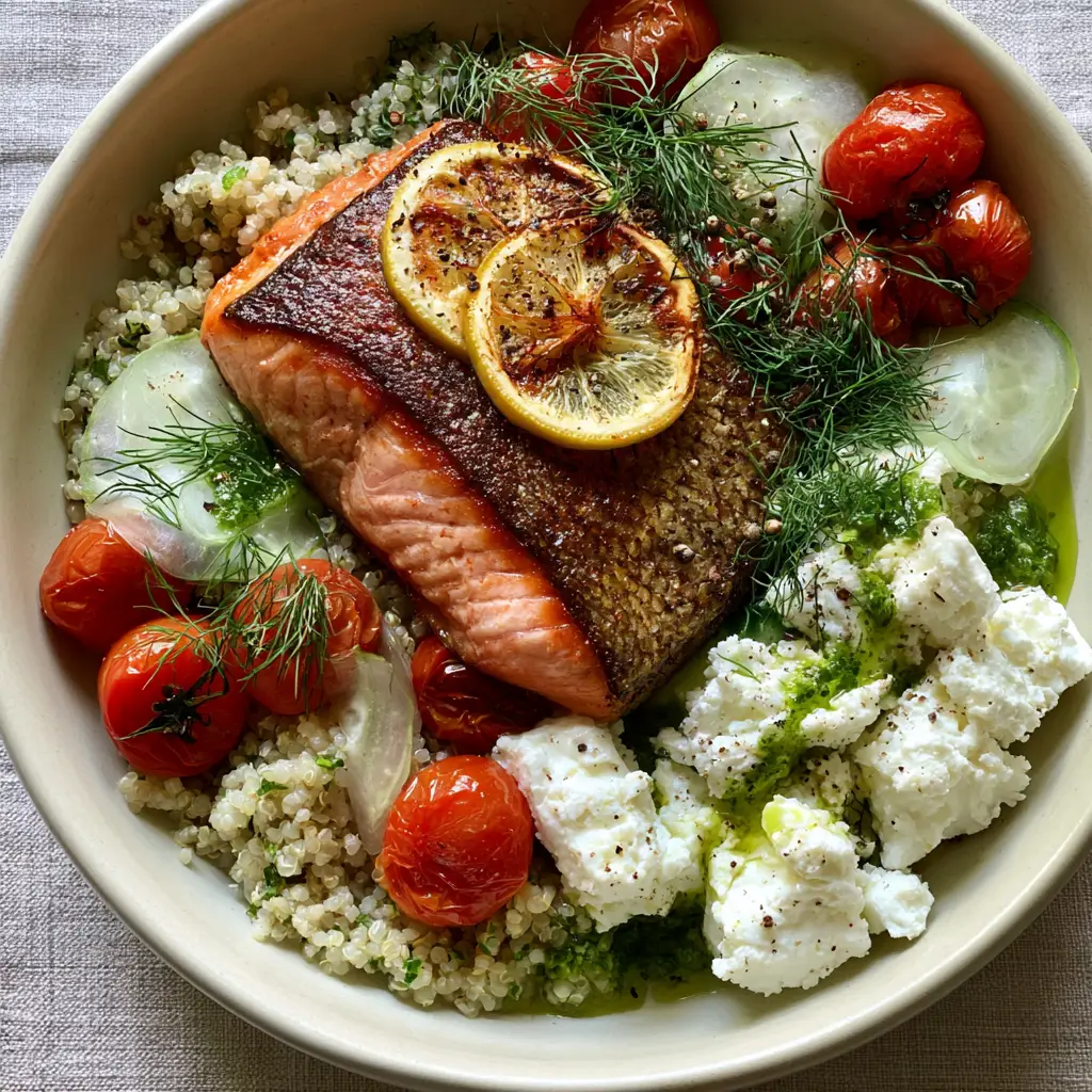 A high-angle shot of a Mediterranean summer bowl featuring seared salmon with charred lemon and fluffy quinoa. (summer dinner recipes)