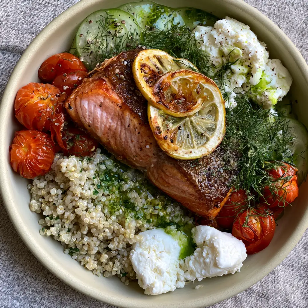 Close up of blistered cherry tomatoes and creamy feta cheese in a Mediterranean salmon bowl.