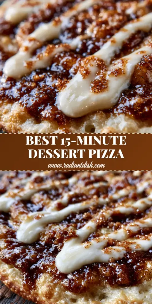 Overhead view of a Sweet Cinnamon Swirl Pizza with a golden crust and messy white cream cheese frosting on a dark wood table.