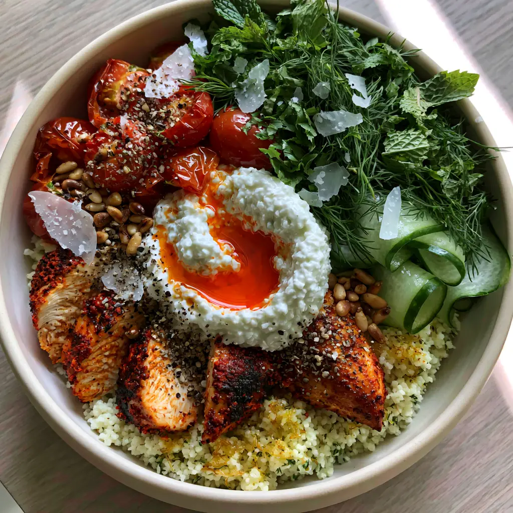 Close up of charred harissa chicken slices and a swirl of chili oil on tzatziki. (light summer dinner ideas)