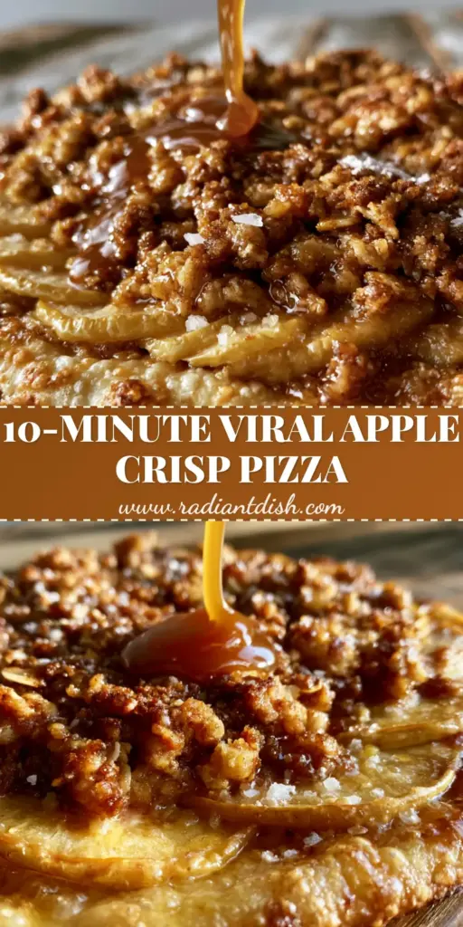A gourmet apple crisp pizza with honey-gold apple slices and chunky oat streusel on a wooden table.
