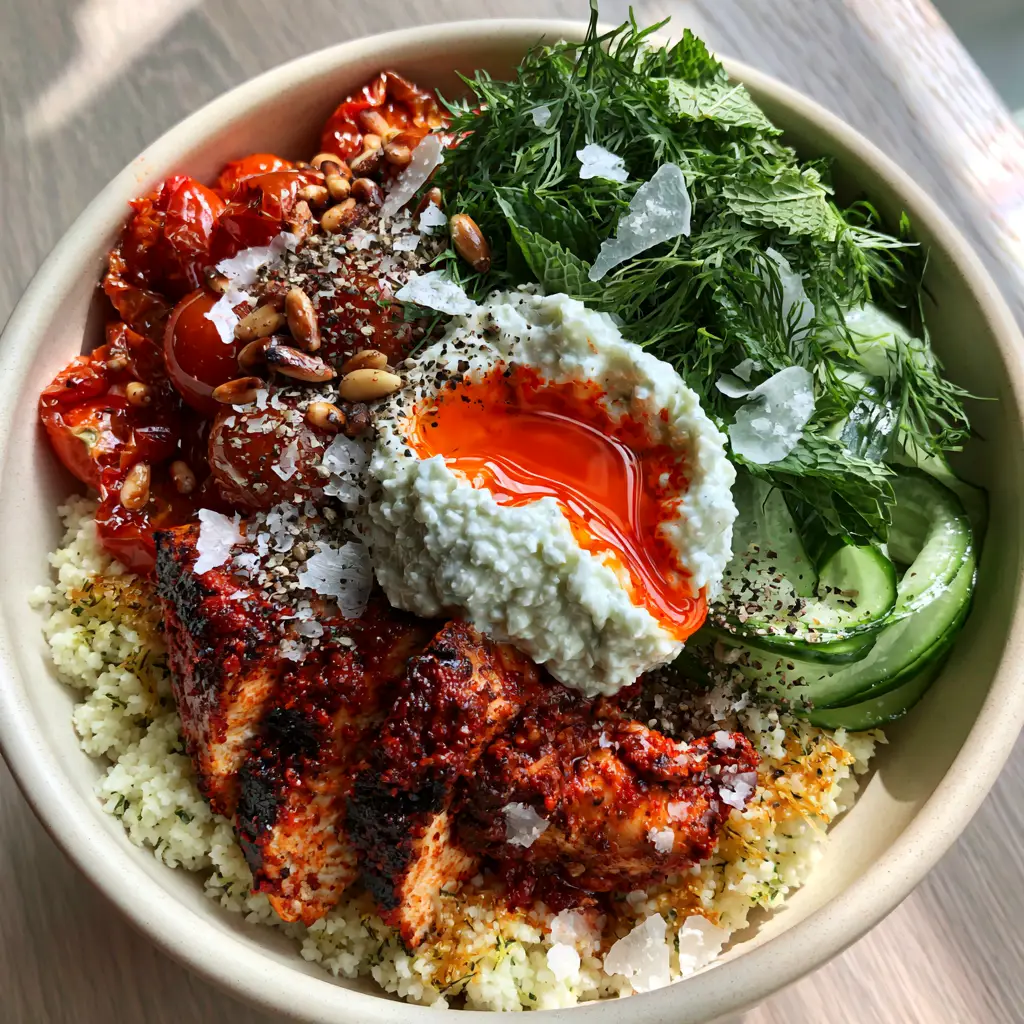 Wide overhead shot of a Mediterranean bowl featuring a forest of fresh herbs and lemon herb couscous. (light summer dinner ideas)