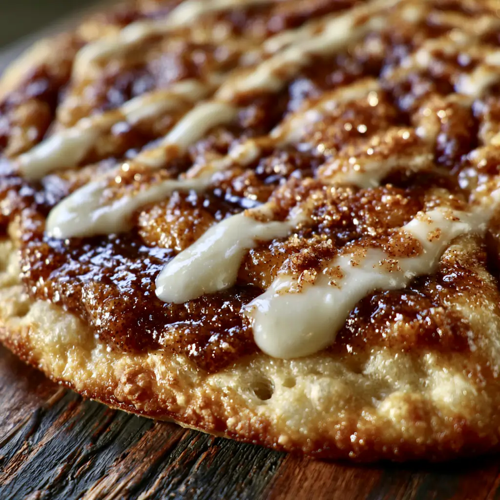 Macro shot showing bubbling dark brown sugar and cinnamon paste on a Sweet Cinnamon Swirl Pizza.