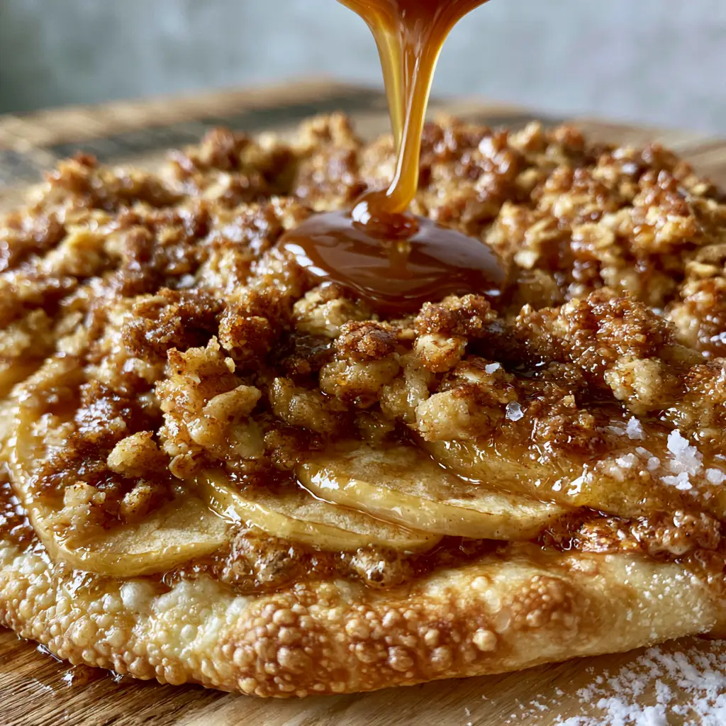 Close up of apple crisp pizza showing bubbly crust and fan-shaped honey-gold apples.