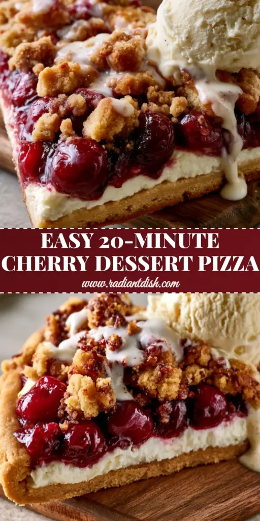 A thick slice of Cherry Dessert Pizza being lifted, showing the sugar cookie crust, cream cheese layer, glossy cherries, and streusel topping.
