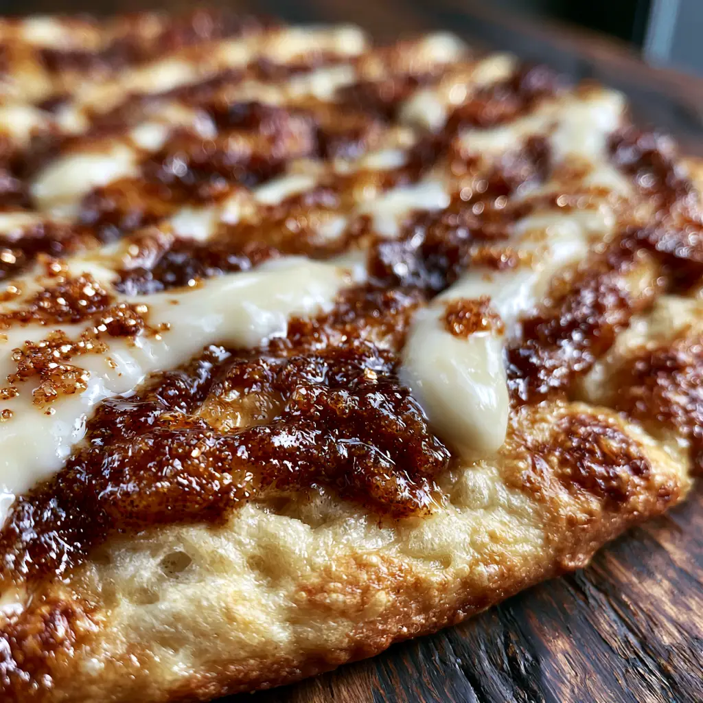 Close-up of white cream cheese frosting drizzled over the crevices of a Sweet Cinnamon Swirl Pizza.
