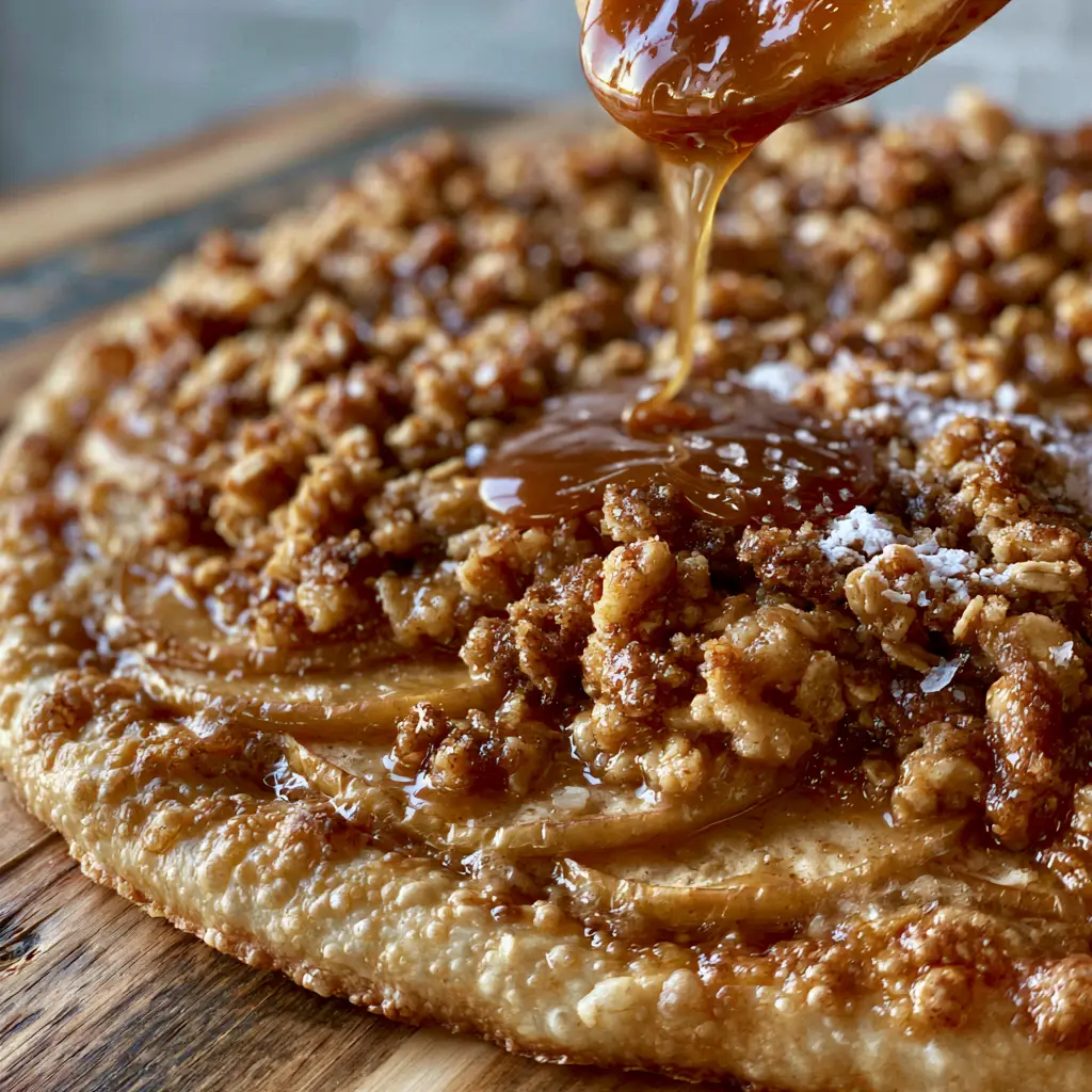 Salted caramel being drizzled over chunky oat streusel on an apple crisp pizza.