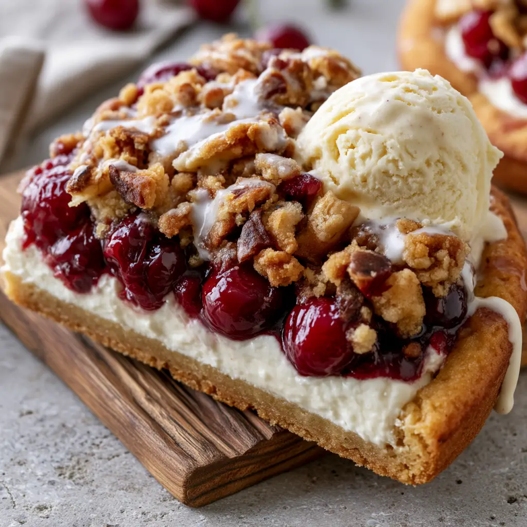 Macro eye-level shot of a Cherry Dessert Pizza slice with melting vanilla bean ice cream and thick sugar glaze.