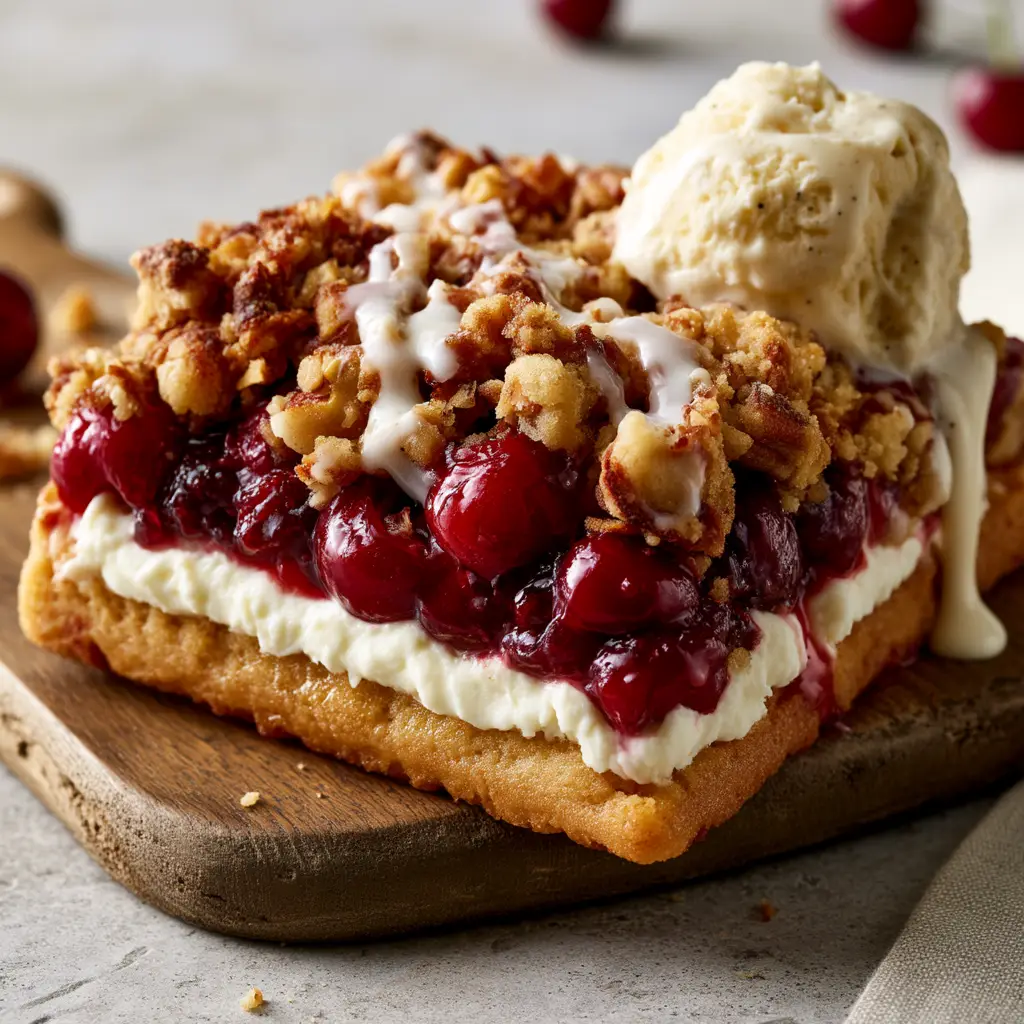 Thick slice of cherry fruit pizza on a rustic board with chunky golden brown streusel and white cream cheese frosting.