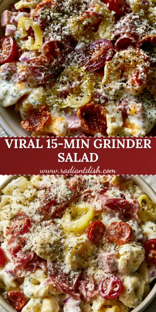 A premium ceramic bowl overflowing with vibrant Italian Grinder Tortellini Salad featuring salami ribbons, cherry tomatoes, and a snowfall of parmesan.
