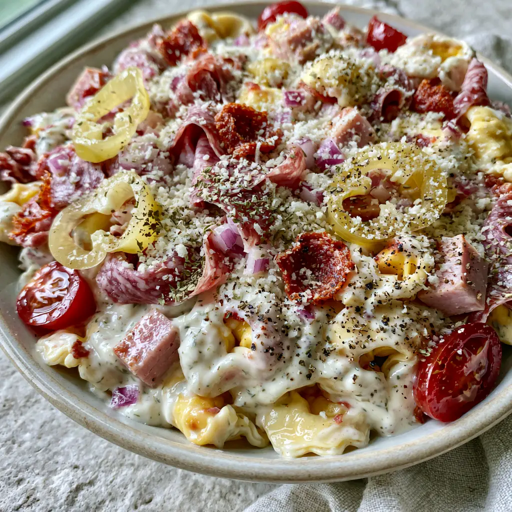 High-angle shot of Italian Grinder Tortellini Salad with glossy herb dressing and ribbons of Genoa salami.