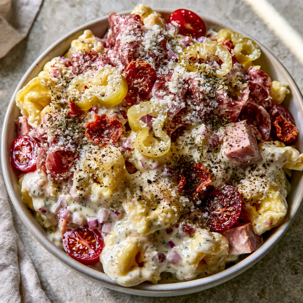 Close-up of Italian Grinder Tortellini Salad showing textures of pepperoncini rings, diced red onions, and cracked black pepper.