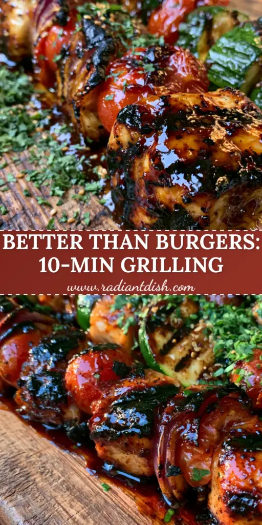 Close-up of glistening honey garlic chicken kabobs with blistered tomatoes and charred zucchini on a wooden board. (summer grilling recipes)